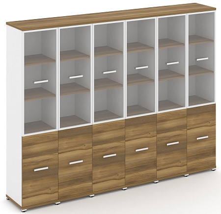 Шкаф шесть узких секций, 5 ниш (6 фасадов ЛДСП, 2 ниши + 6 фасадов стекло прозрачное в раме, 3 ниши) CN.STU-562 RP B/W