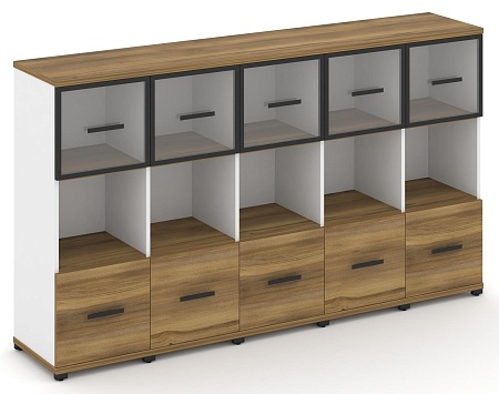 Шкаф пять узких секций, 3 ниши (5 фасадов ЛДСП, 1 ниши + 5 фасадов стекло прозрачное в раме, 1 ниша) CN.STU-355 RP B/W