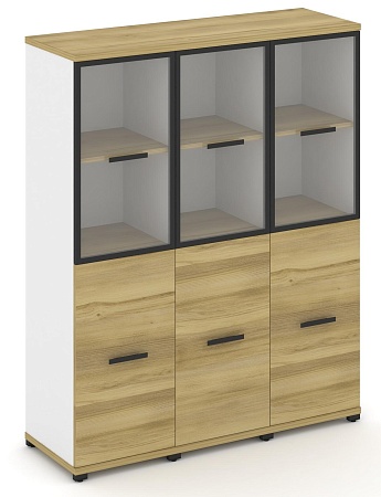 Шкаф три узкие секции, 4 ниши (3 фасада ЛДСП, 2 ниши + 2 фасада стекло прозрачное в раме, 2 ниши) CN.STU-432 RP B/W