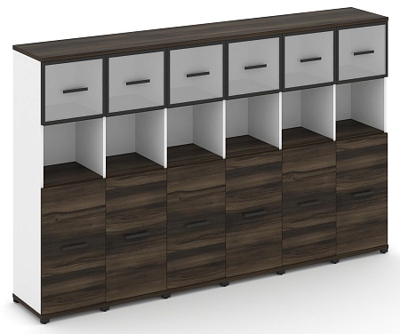 Шкаф шесть узких секций, 4 ниши (6 фасадов ЛДСП, 2 ниши + 6 фасадов стекло белое матовое в раме, 1 ниша) CN.STU-465 RM B/W