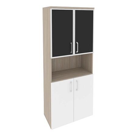 Шкаф высокий широкий (2 низких фасада ЛДСП + 2 низких фасада стекло лакобель в раме) O.ST-1.4Rblack