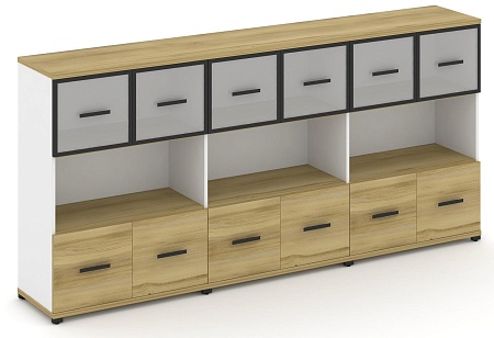 Шкаф три широкие секции, 3 ниши (6 фасадов ЛДСП, 1 ниша + 6 фасадов стекло белое матовое в раме,  1 ниша) CN.STS-335 RM B/W