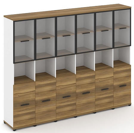 Шкаф шесть узких секций, 5 ниш (6 фасадов ЛДСП, 2 ниши + 6 фасадов стекло прозрачное в раме, 2 ниши) CN.STU-563 RP B/W