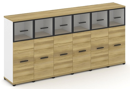 Шкаф шесть узких секций, 3 ниши (6 фасадов ЛДСП, 2 ниши + 6 фасадов стекло прозрачное в раме, 1 ниша) CN.STU-364 RP B/W