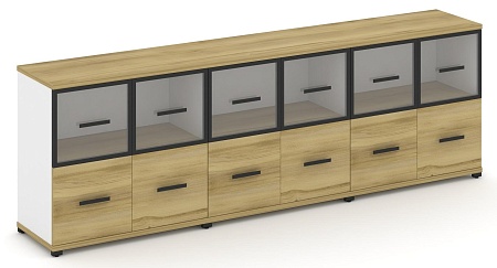 Шкаф три широкие секции, 2 ниши (6 фасадов ЛДСП, 1 ниша + 6 фасадов стекло прозрачное в раме, 1 ниша) CN.STS-232 RP B/W