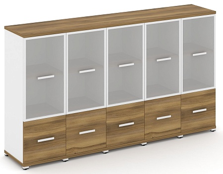 Шкаф пять узких секций, 3 ниши (5 фасадов ЛДСП, 1 ниша + 5 фасадов стекло белое матовое, 2 ниши) CN.STU-352 RM B/W