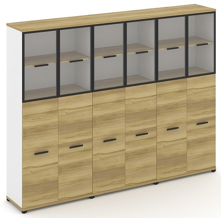 Шкаф три широкие секции, 5 ниш (6 фасадов ЛДСП, 3 ниши + 6 фасадов стекло прозрачное в раме, 2 ниши) CN.STS-535 RP B/W