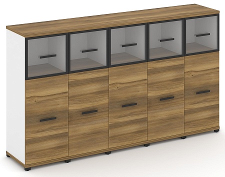 Шкаф пять узких секций, 3 ниши (5 фасадов ЛДСП, 2 ниши + 5 фасадов стекло прозрачное в раме, 1 ниша) CN.STU-354 RP B/W