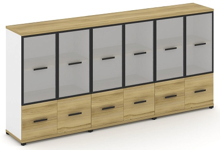 Шкаф три широкие секции, 3 ниши (6 фасадов ЛДСП, 1 нишу + 6 фасадов стекло белое матовое в раме, 2 ниши) CN.STS-332 RM B/W