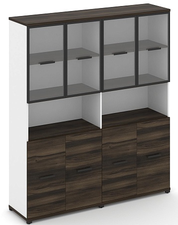 Шкаф две широкие секции, 5 ниш (4 фасада ЛДСП, 2 ниши + 4 фасада стекло прозрачное в раме, 2 ниши) CN.STS-523 RP B/W