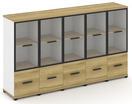 Шкаф пять узких секций, 3 ниши (5 фасадов ЛДСП, 1 ниша + 5 фасадов стекло прозрачное в раме, 2 ниши) CN.STU-352 RP B/W