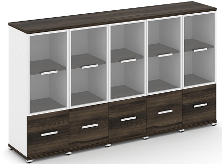 Шкаф пять узких секций, 3 ниши (5 фасадов ЛДСП, 1 ниша + 5 фасадов стекло прозрачное в раме, 2 ниши) CN.STU-352 RP B/W