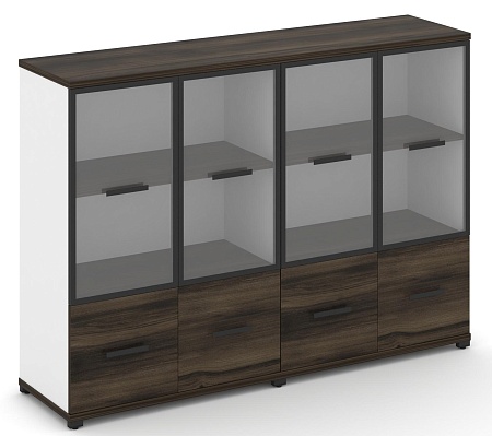 Шкаф две широкие секции, 3 ниши (4 фасада ЛДСП, 1 ниша + 4 фасада стекло прозрачное в раме, 2 ниши) CN.STS-322 RP B/W