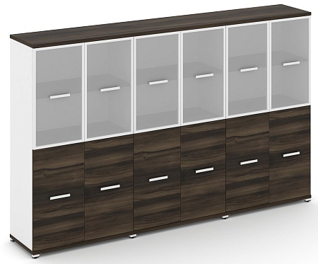 Шкаф три широкие секции, 4 ниши (6 фасадов ЛДСП, 2 ниши + 6 фасадов стекло белое матовое в раме, 2 ниши) CN.STS-432 RM B/W