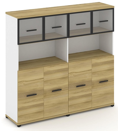 Шкаф две широкие секции, 4 ниши (4 фасада ЛДСП, 2 ниши + 4 фасада стекло прозрачное в раме, 1 ниша) CN.STS-425 RP B/W