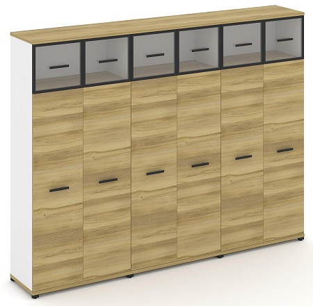 Шкаф три широкие секции, 5 ниш (6 фасадов ЛДСП, 4 ниши + 6 фасадов стекло прозрачное в раме, 1 ниша) CN.STS-537 RP B/W