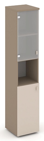 Шкаф высокий узкий левый (1 низкий фасад ЛДСП + 1 низкий фасад стекло сатин матовый) ES.SU-1.4(L)