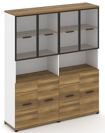 Шкаф две широкие секции, 5 ниш (4 фасада ЛДСП, 2 ниши + 4 фасада стекло прозрачное в раме, 2 ниши) CN.STS-523 RP B/W