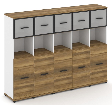 Шкаф пять узких секций, 4 ниши (5 фасадов ЛДСП, 2 ниши + 5 фасадов стекло белое матовое в раме,  1 ниша) CN.STU-455 RM B/W