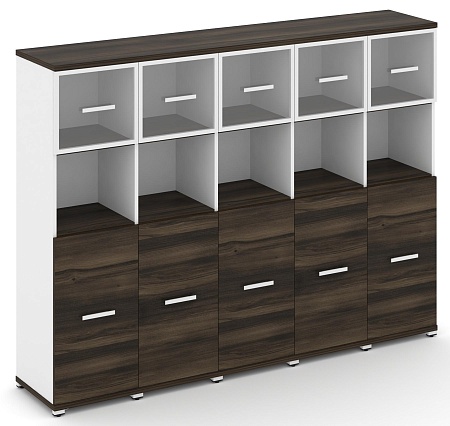 Шкаф пять узких секций, 4 ниши (5 фасадов ЛДСП, 2 ниши + 5 фасадов стекло прозрачное в раме, 1 ниша) CN.STU-455 RP B/W