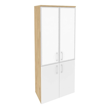 Шкаф высокий широкий (2 низких фасада ЛДСП + 2 средних фасада стекло лакобель в раме) O.ST-1.2R white