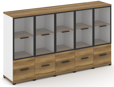 Шкаф пять узких секций, 3 ниши (5 фасадов ЛДСП, 1 ниша + 5 фасадов стекло прозрачное в раме, 2 ниши) CN.STU-352 RP B/W