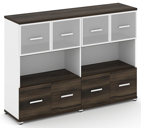 Шкаф две широкие секции, 3 ниши (4 фасада фасадов ЛДСП, 1 ниша+ 4 фасада стекло белое матовое в раме, 1 ниша) CN.STS-325 RM B/W