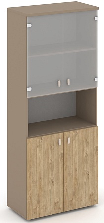 Шкаф высокий широкий (2 низких фасада ЛДСП + 2 низких фасада стекло  сатин матовый) ES.ST-1.4