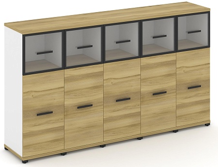 Шкаф пять узких секций, 3 ниши (5 фасадов ЛДСП, 2 ниши + 5 фасадов стекло прозрачное в раме, 1 ниша) CN.STU-354 RP B/W