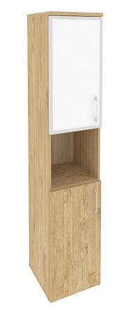 Шкаф высокий узкий левый (1 низкий фасад ЛДСП + 1 низкий фасад стекло лакобель в раме) O.SU-1.4R(L)white