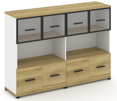 Шкаф две широкие секции, 3 ниши (4 фасада ЛДСП, 1 ниша + 4 фасада стекло прозрачное в раме, 1 ниша) CN.STS-325 RP B/W