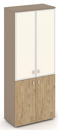 Шкаф высокий широкий (2 низких фасада ЛДСП + 2 средних фасада стекло лакобель  Satin в раме) ES.ST-1.2R I/U
