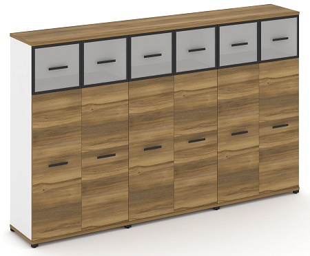 Шкаф три широкие секции, 4 ниши (6 фасадов ЛДСП, 3 ниши + 6 фасадов стекло стело белое матовое в раме, 1 ниша) CN.STS-434 RM B/W