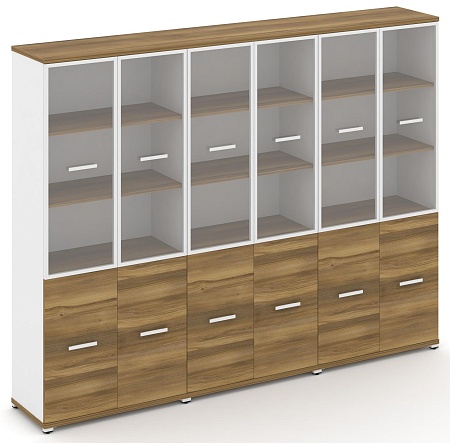 Шкаф три широкие секции, 5 ниш (6 фасадов ЛДСП, 2 ниши + 6 фасадов стекло прозрачное в раме, 3 ниши) CN.STS-532 RP B/W