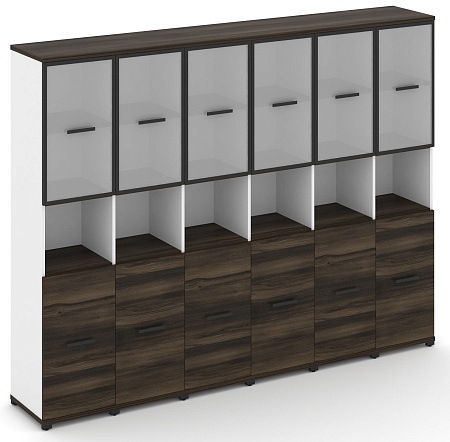 Шкаф шесть узких секций, 5 ниш (6 фасадов ЛДСП, 2 ниши + 6 фасадов стекло белое матовое в раме, 2 ниши) CN.STU-563 RM B/W