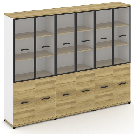 Шкаф три широкие секции, 5 ниш (6 фасадов ЛДСП, 2 ниши + 6 фасадов стекло прозрачное в раме, 3 ниши) CN.STS-532 RP B/W