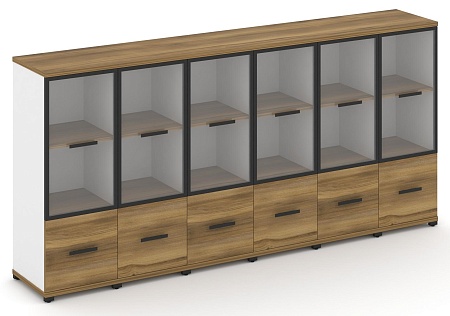 Шкаф шесть узких секций, 3 ниши (6 фасадов ЛДСП, 1 ниша + 6 фасадов стекло прозрачное в раме, 2 ниши) CN.STU-362 RP B/W