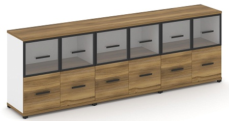 Шкаф три широкие секции, 2 ниши (6 фасадов ЛДСП, 1 ниша + 6 фасадов стекло прозрачное в раме, 1 ниша) CN.STS-232 RP B/W