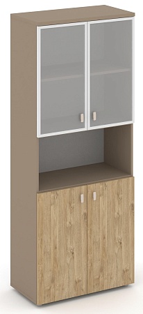 Шкаф высокий широкий (2 низких фасада ЛДСП + 2 низких фасада стекло в раме сатин матовый) ES.ST-1.4R