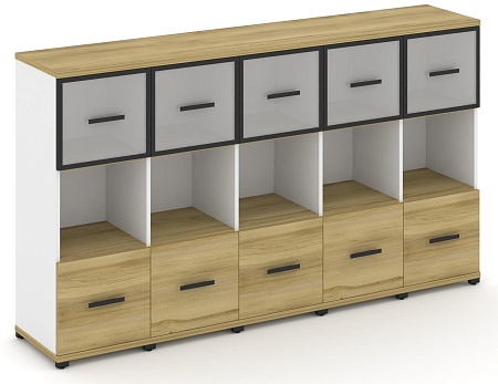 Шкаф пять узких секций, 3 ниши (5 фасадов ЛДСП, 1 ниши + 5 фасадов стекло белое матовое в раме, 1 ниша) CN.STU-355 RM B/W