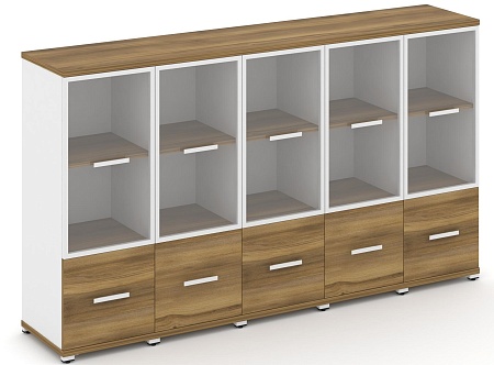 Шкаф пять узких секций, 3 ниши (5 фасадов ЛДСП, 1 ниша + 5 фасадов стекло прозрачное в раме, 2 ниши) CN.STU-352 RP B/W