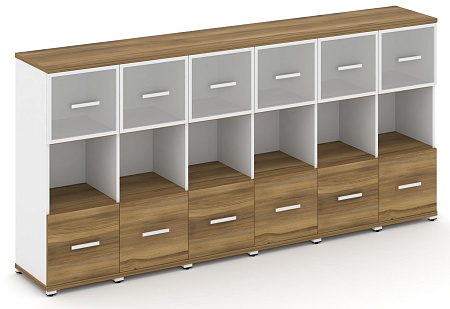 Шкаф шесть узких секций, 3 ниши (6 фасадов ЛДСП,  1 ниши + 6 фасадов стекло белое матовое в раме, 1 ниша) CN.STU-365 RM B/W