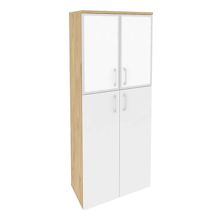 Шкаф высокий широкий (2 средних фасада ЛДСП + 2 низких фасада стекло лакобель в раме) O.ST-1.7Rwhite