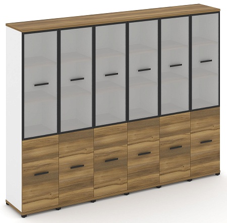 Шкаф шесть узких секций, 5 ниш (6 фасадов ЛДСП,  2 ниши + 6 фасадов стекло белое матовое в раме, 3 ниши) CN.STU-562 RM B/W