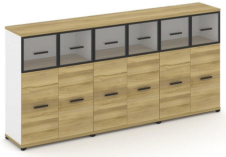 Шкаф три широкие секции, 3 ниши (6 фасадов ЛДСП, 2 ниши + 6 фасадов стекло прозрачное в раме, 1 ниша) CN.STS-334 RP B/W