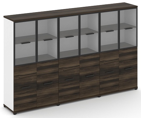 Шкаф три широкие секции, 4 ниши (6 фасадов ЛДСП, 2 ниши + 6 фасадов стекло прозрачное в раме, 2 ниши) CN.STS-432 RP B/W