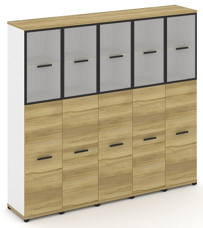 Шкаф пять узких секций, 5 ниш (5 фасадов ЛДСП, 3 ниши + 5 фасадов стекло белое матовое в раме, 2 ниши) CN.STU-555 RM B/W