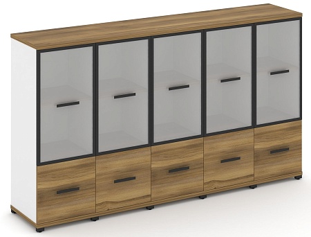 Шкаф пять узких секций, 3 ниши (5 фасадов ЛДСП, 1 ниша + 5 фасадов стекло белое матовое, 2 ниши) CN.STU-352 RM B/W