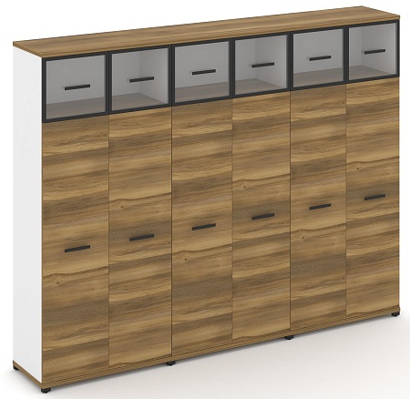 Шкаф три широкие секции, 5 ниш (6 фасадов ЛДСП, 4 ниши + 6 фасадов стекло прозрачное в раме, 1 ниша) CN.STS-537 RP B/W