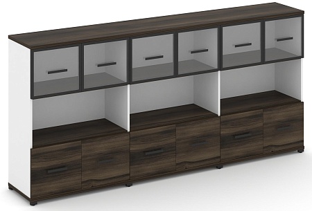 Шкаф три широкие секции, 3 ниши (6 фасадов ЛДСП, 1 ниша + 6 фасадов стекло прозрачное в раме, 1 ниша) CN.STS-335 RP B/W